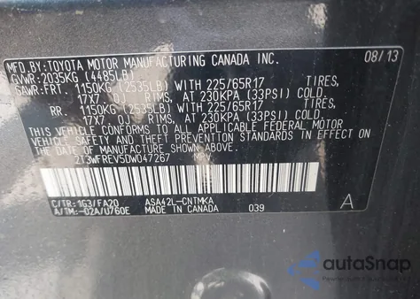 2013 Toyota Rav4 Xle из США, поврежденный, VIN 2T3WFREV5DW047267